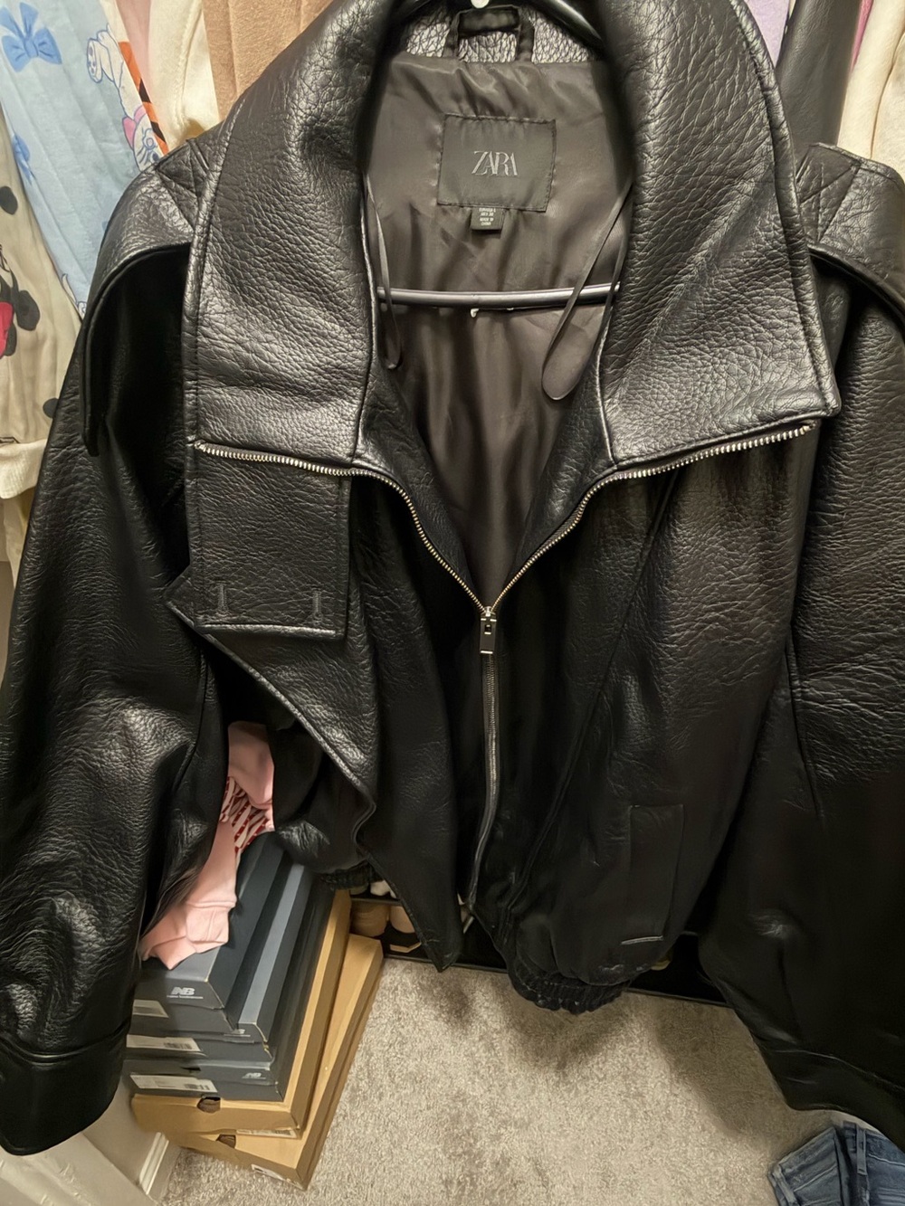Zara Black Textured Faux Leather Biker Jacket(New with out tags)
